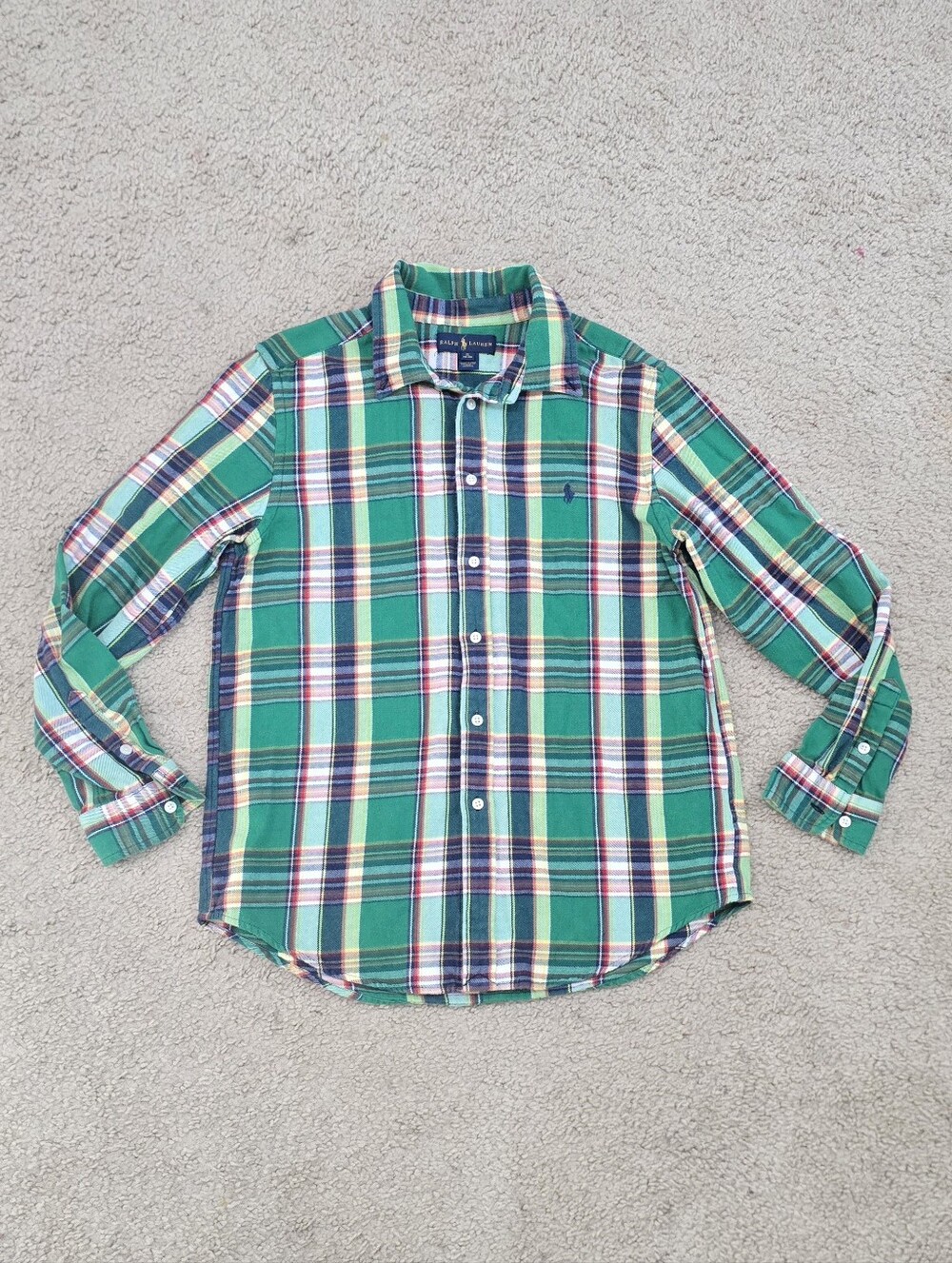 Boy's Polo Ralph Lauren Shirt Button Down Plaid Flannel Green Top Size XL 18-20